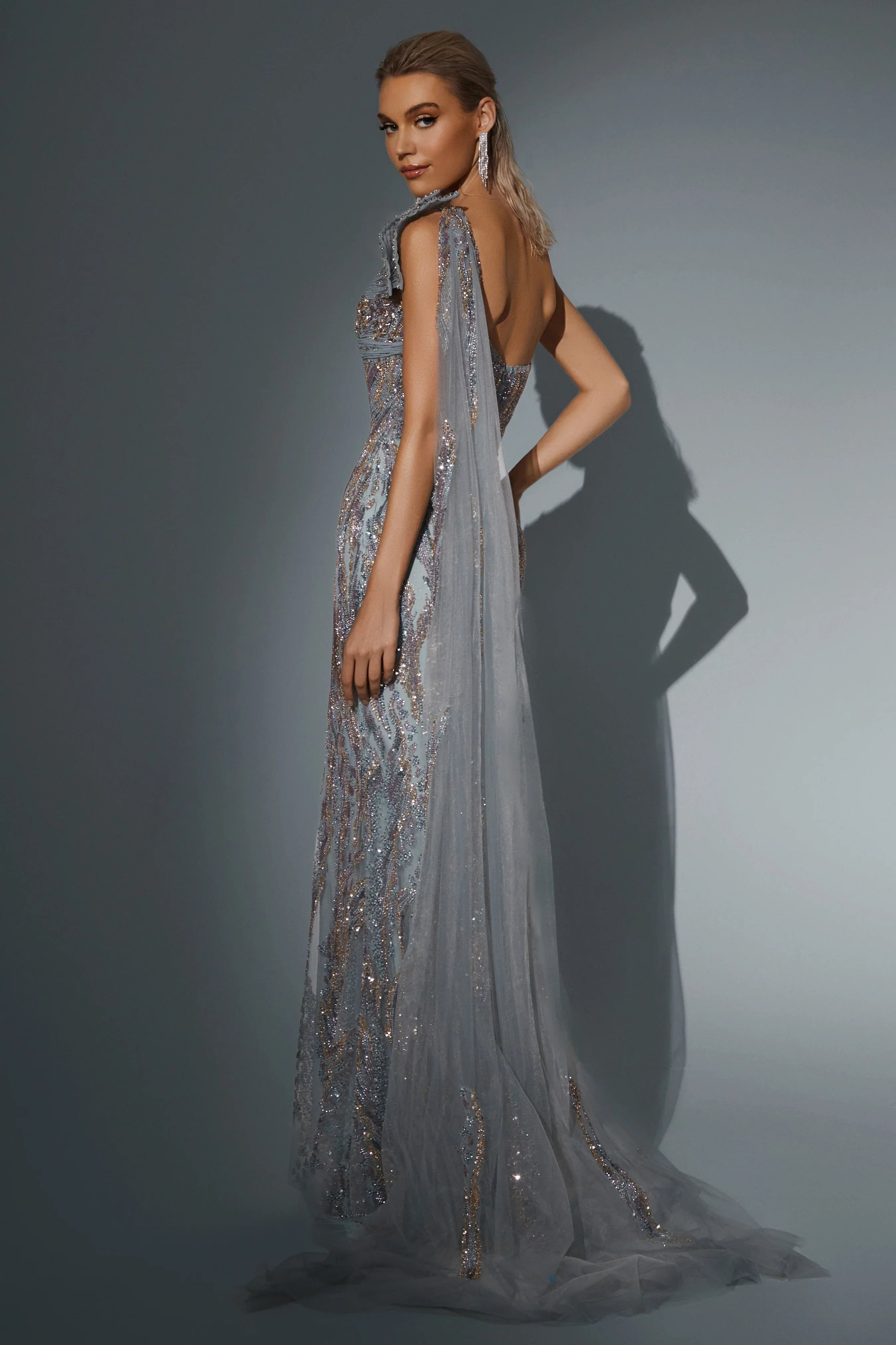 Grey Blue Sequin Evening Gown with Draped One-Shoulder Design - Designer Sequin Gown - Embellished Gown with Asymmetrical Neckline Plus Size - Image 3