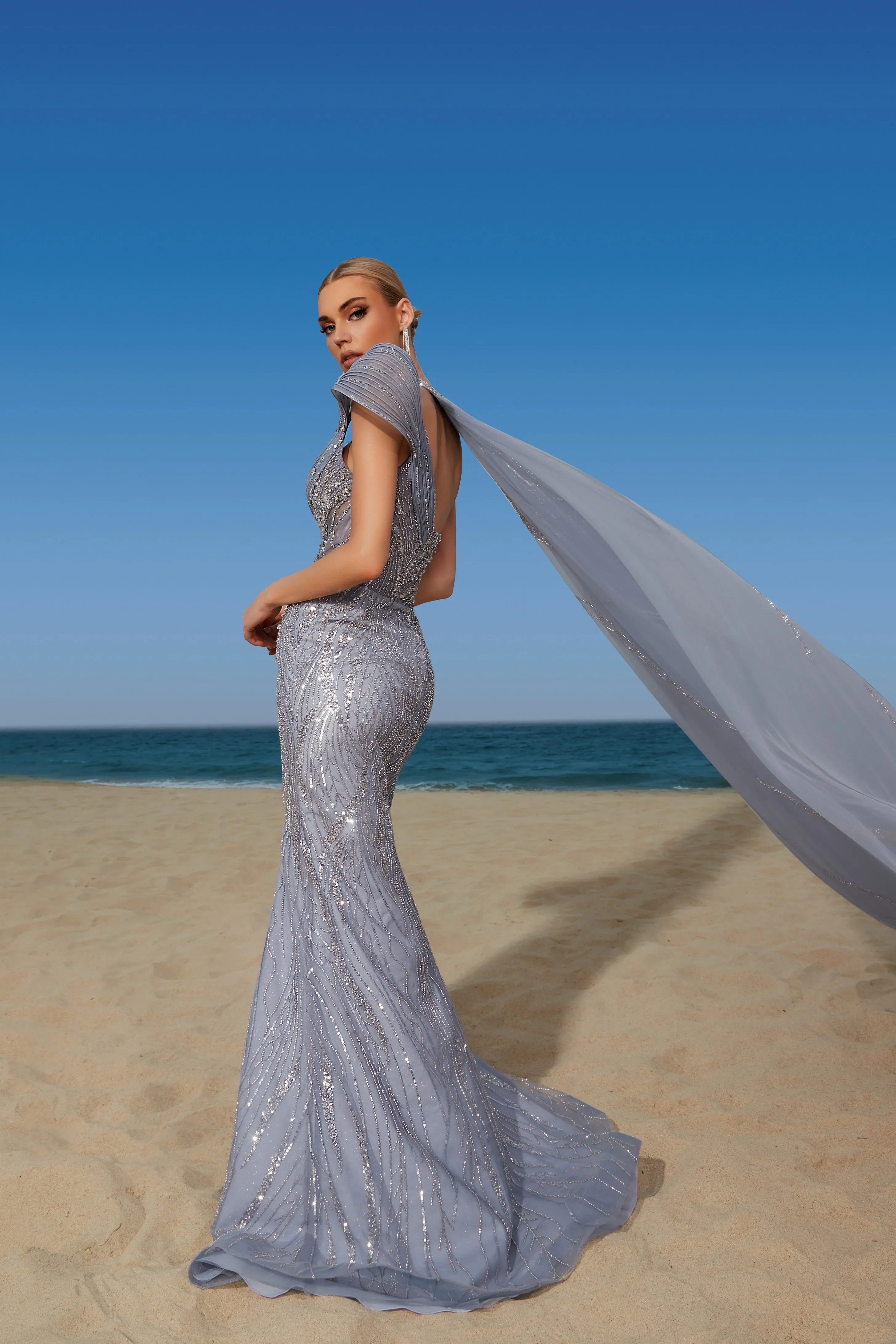 Grey Blue Sequin Evening Gown with Halter Neckline - Sparkly Maxi Dress with Flowing Cape and Thigh-High Slit - Pretty Sequin Dress Plus Size - Image 2
