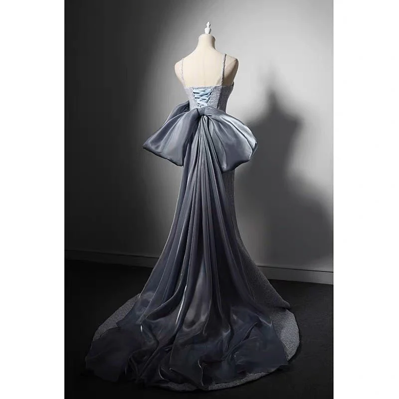 Grey Tweed Slip Formal Dress With Bow Tie - Plus Size - Image 3