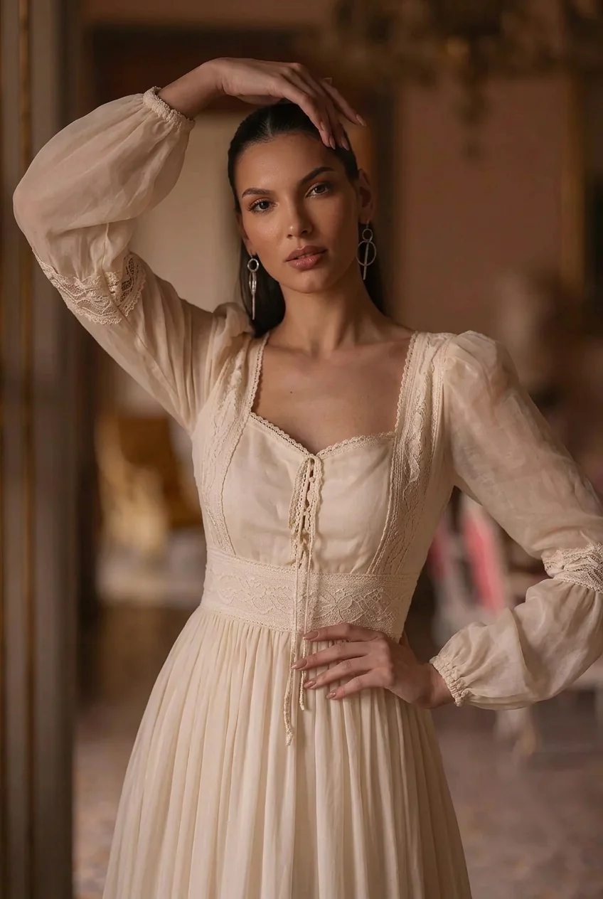 Gunne Sax Inspired Beige Chiffon Prom Dress - Modest Lace Tea Dress - French Style 1980s - Image 3