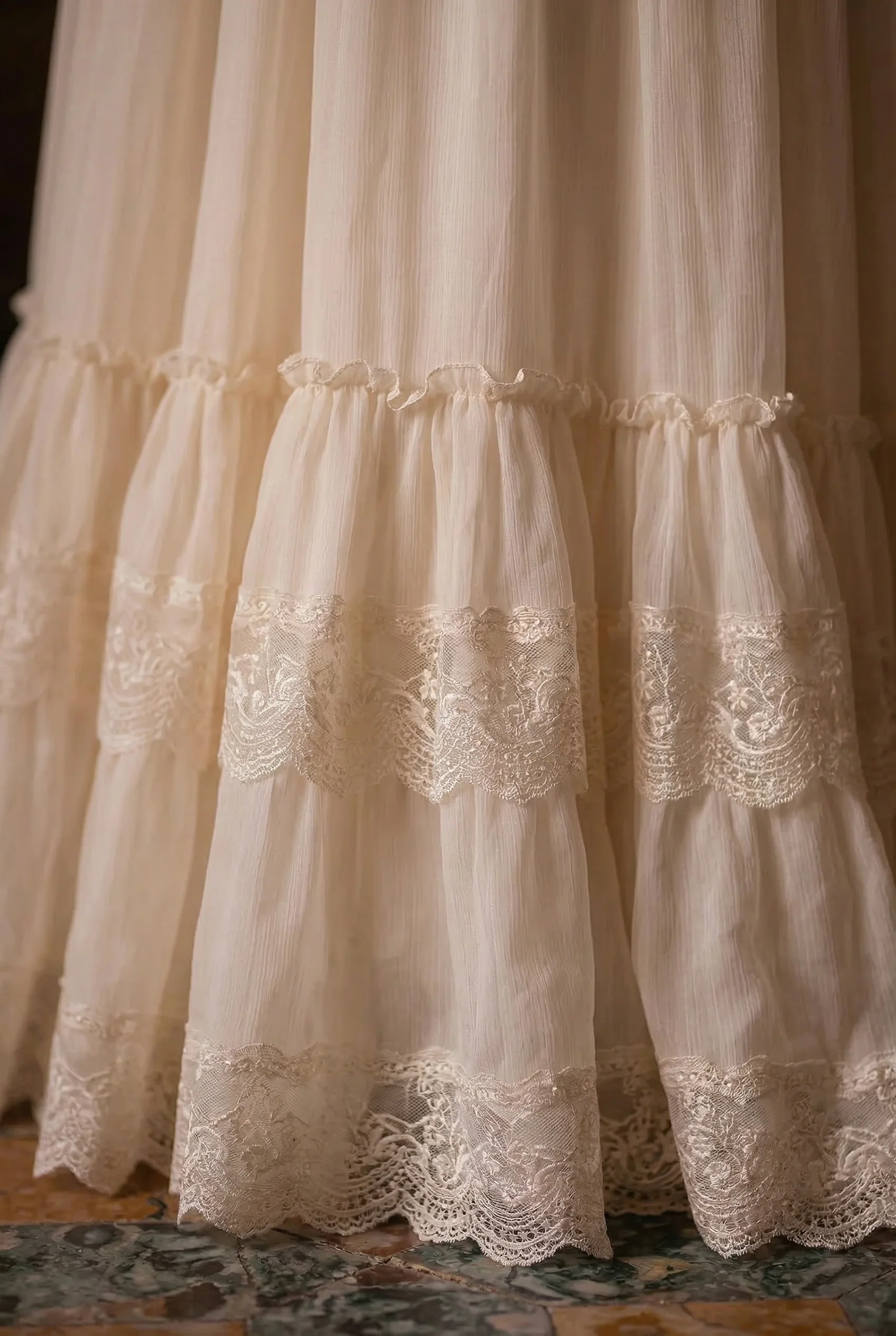 Gunne Sax Inspired Beige Chiffon Prom Dress - Modest Lace Tea Dress - French Style 1980s - Image 5