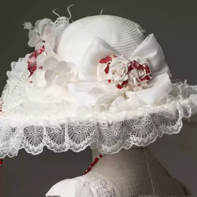 Handmade Lolita Hat with Floral Detailing - White Lace Bonnet with Bow - Image 3
