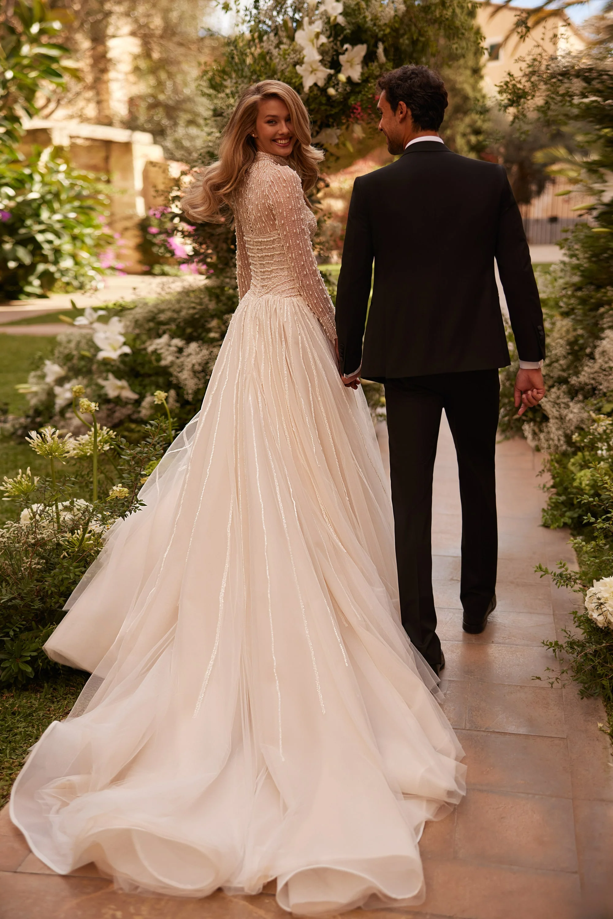 High Neck Beaded Wedding Dress with Long Sleeves – Elegant Tulle A-Line Tulle Wedding Gown with Pearl Embellishments Plus Size - Image 2