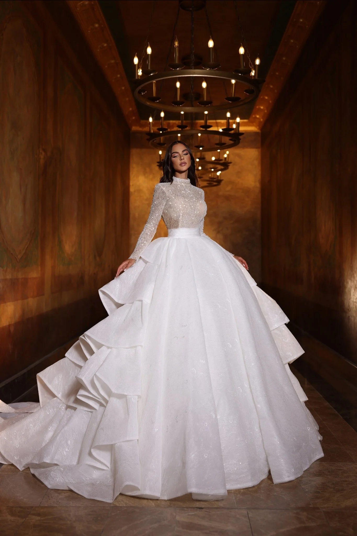 High Neckline Sparkle Mini Bridal Dress With Removable Train Plus Size