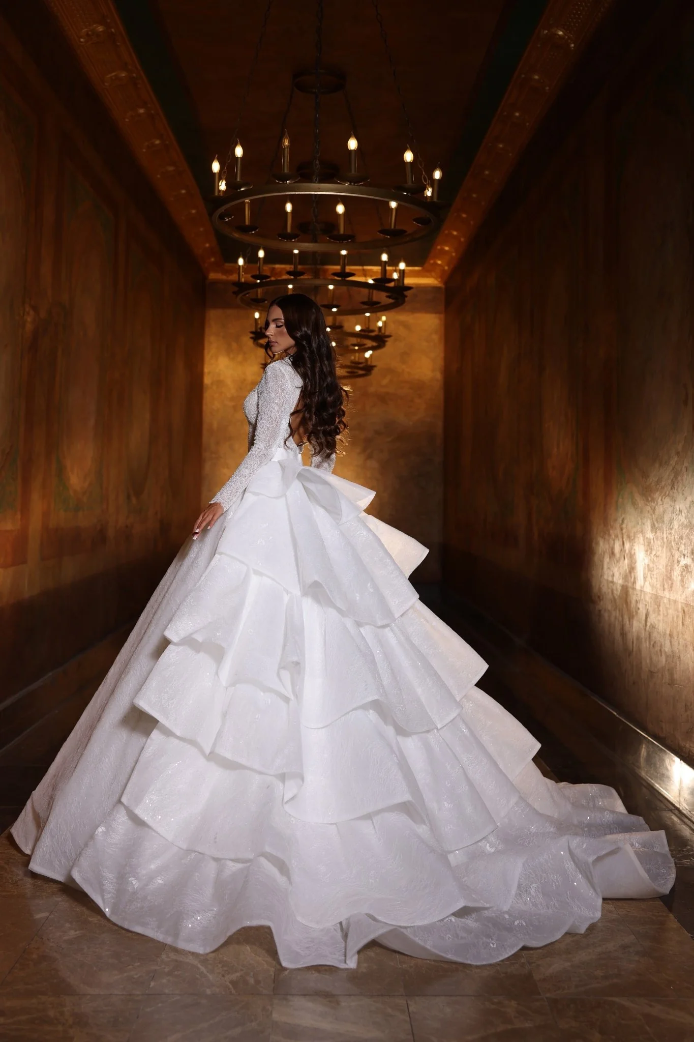 High Neckline Sparkle Mini Bridal Dress With Removable Train Plus Size - Image 3