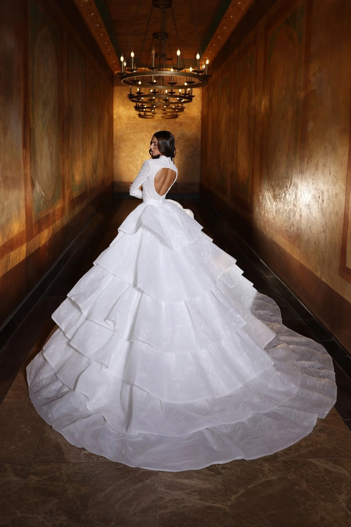 High Neckline Sparkle Mini Bridal Dress With Removable Train Plus Size - Image 4