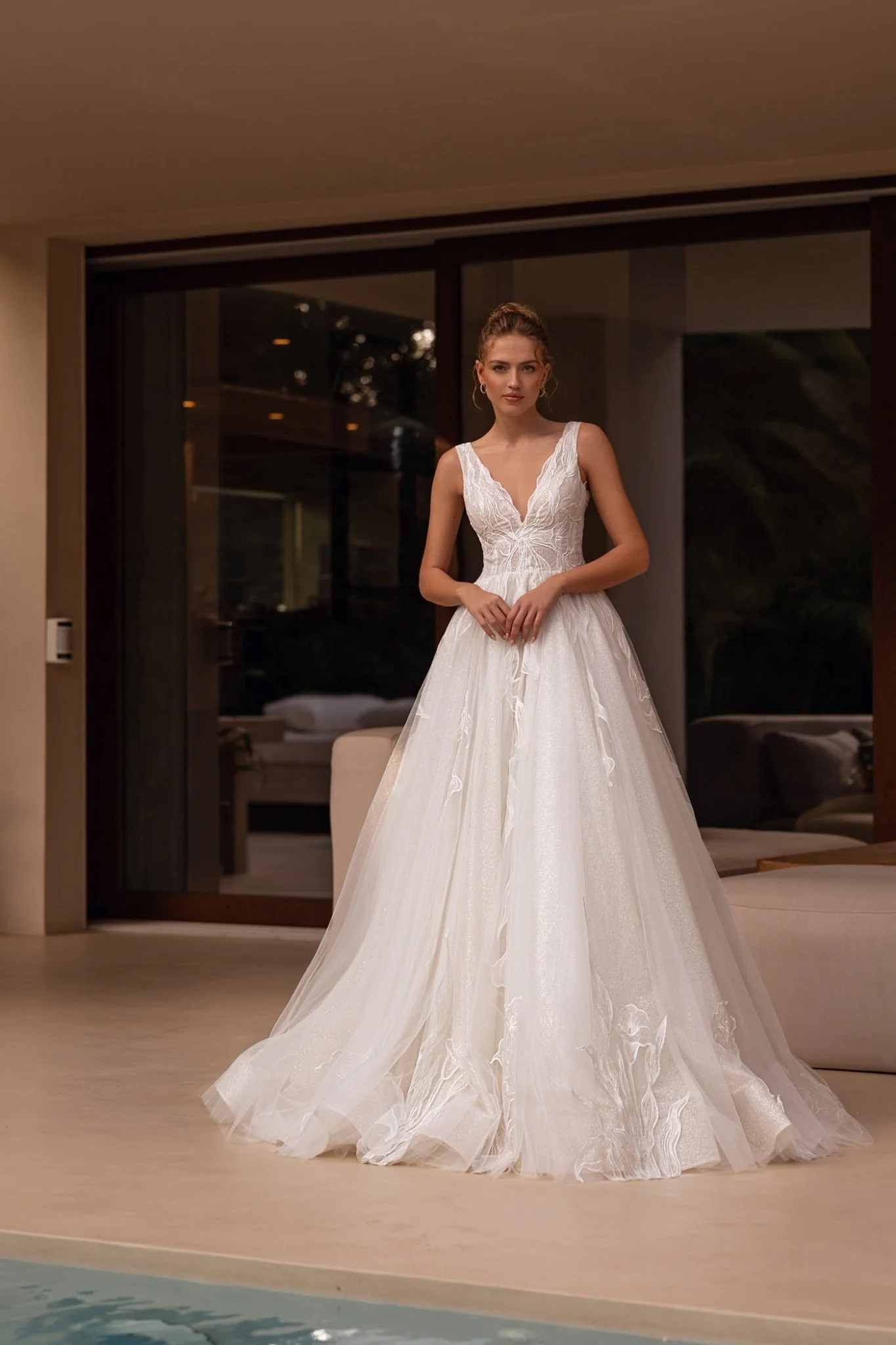 White V-Neck Lace Wedding Dress with Flowing Tulle Train - Plus Size-Imre