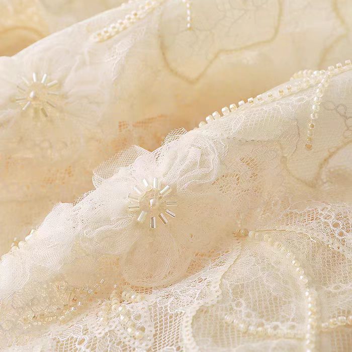 Intricate Maple Leaf Beaded Embroidered Lace Fabric in Soft Cream