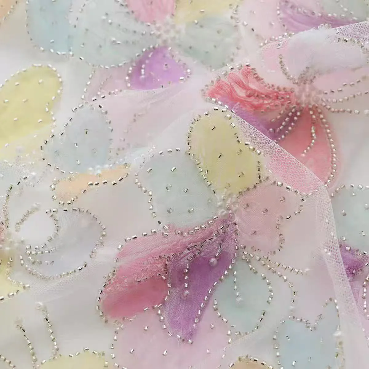 Intricately Embroidered Lace Butterfly Tulle Fabric with Bead Accents for Dresses and Bridal Gowns - Image 3