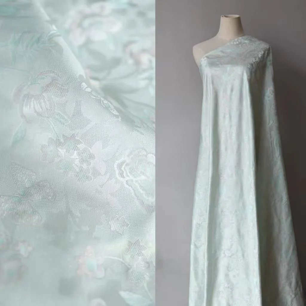 Mint Floral Silk Jacquard Fabric with Floral Pattern - Image 4