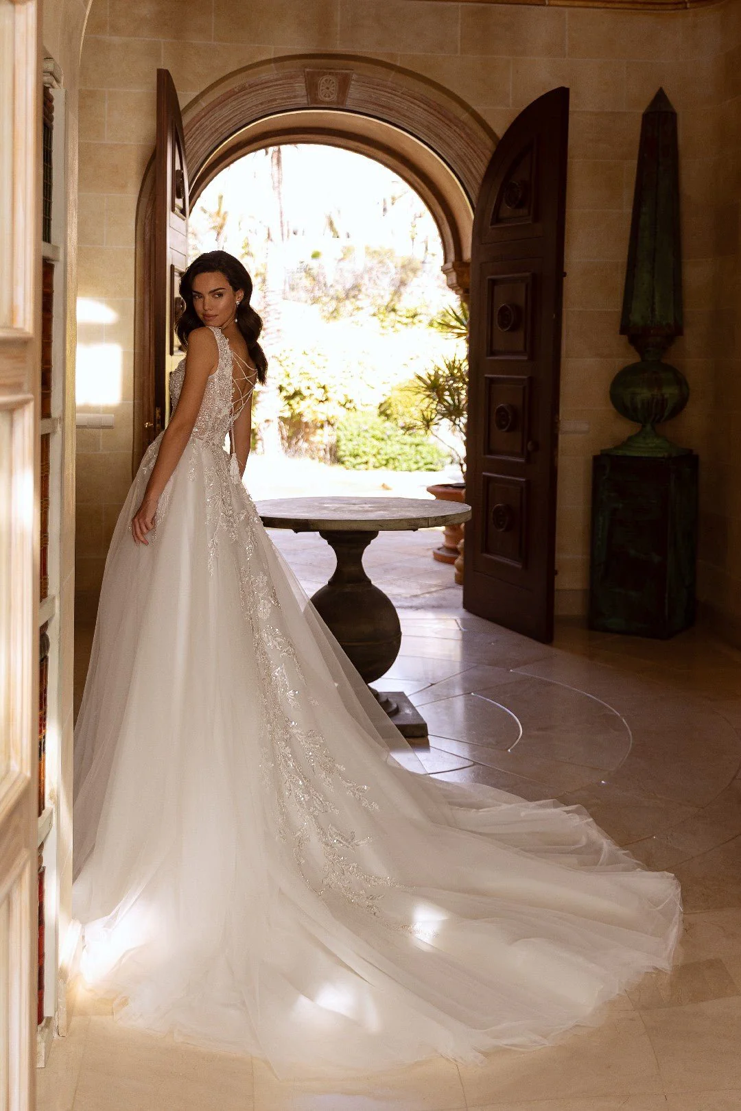 White Sheer Wedding Gown with Sparkling Floral Train and Lace-Up Back - Plus Size-Isamar - Image 3