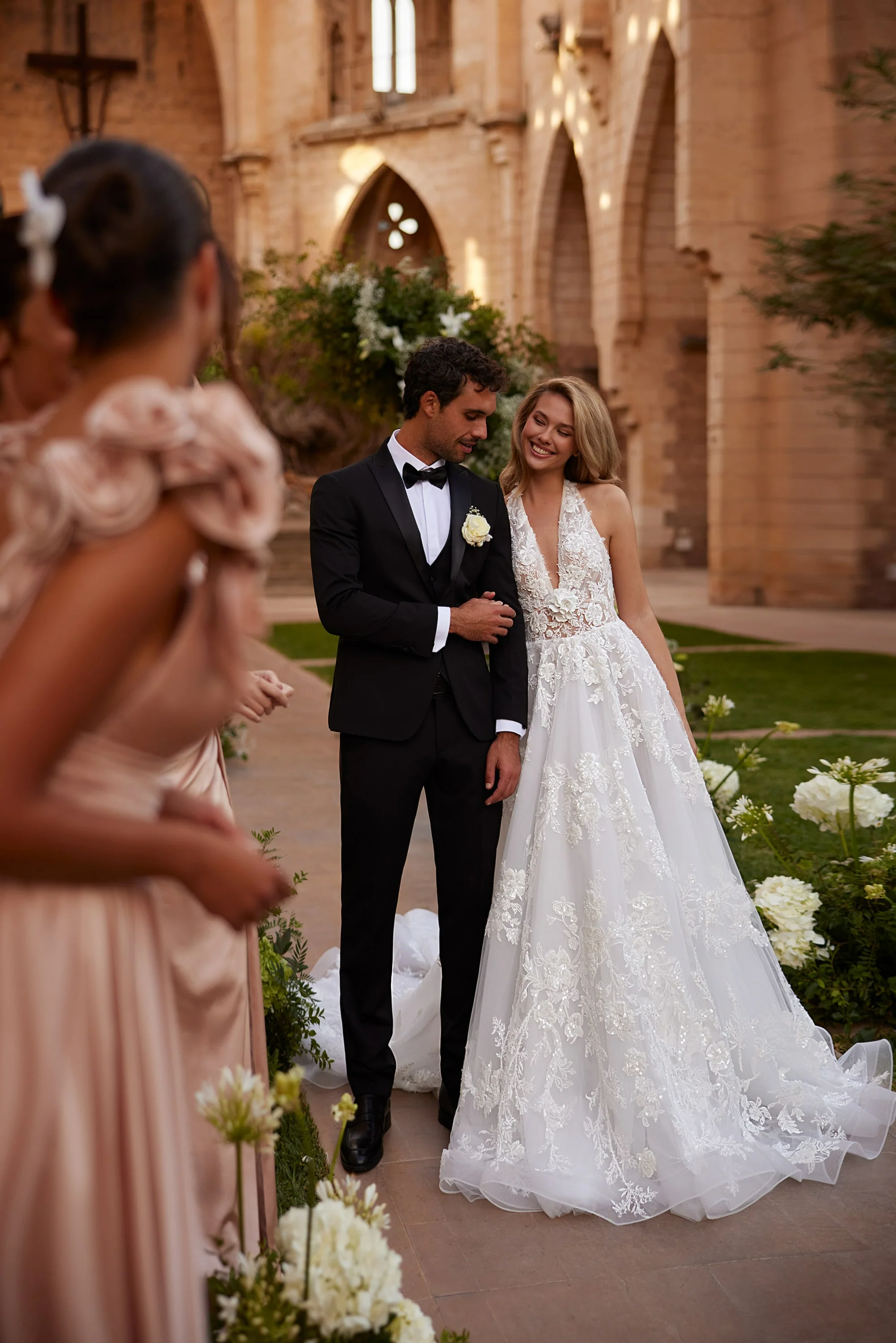Ivory A Line Ball Gown Wedding Dress with Plunging Halter Neck - Wedding Dress with Tullea with 3D Floral Lace Plus Size - Image 4