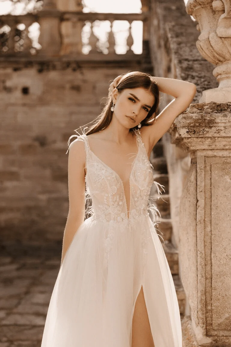 Ivory Aline Ball Gown Wedding Dress - Open Back Wedding Gown - Floral Applique Dress with High Slit Plus Size - PELAGIA - Image 4
