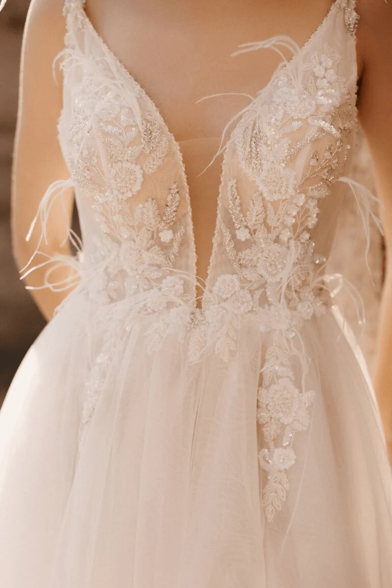 Ivory Aline Ball Gown Wedding Dress - Open Back Wedding Gown - Floral Applique Dress with High Slit Plus Size - PELAGIA - Image 6