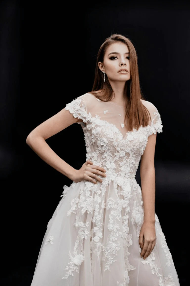 Ivory Aline Wedding Dress with Lace Sleeves - Floral Applique Wedding Dress Plus Size - LETICIA - Image 5