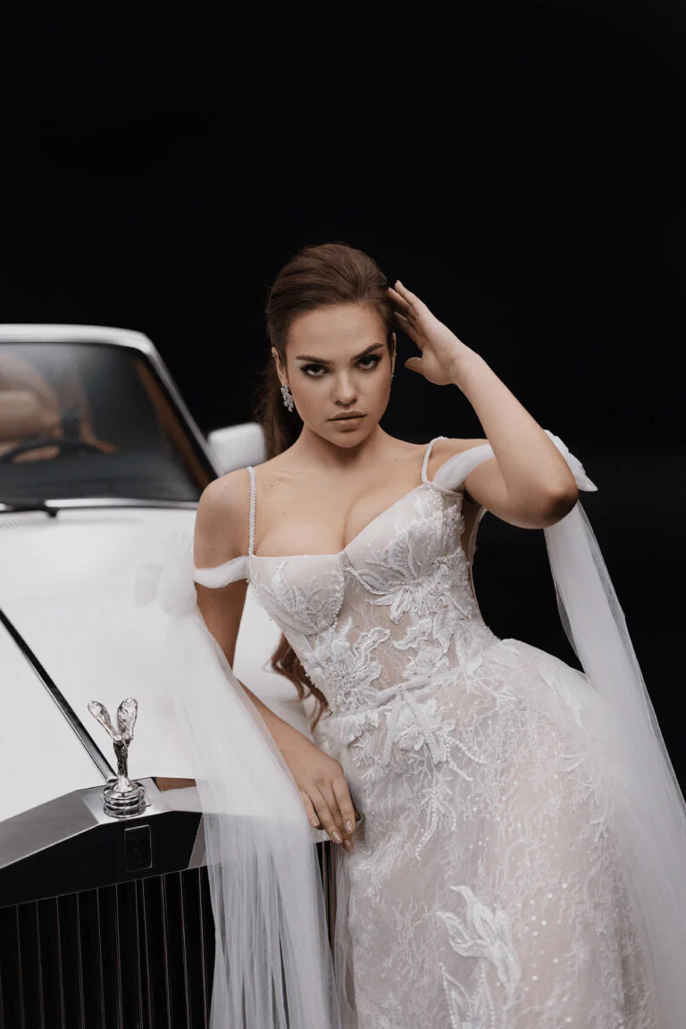Ivory Aline Wedding Dress with Lace Train and Floral Lace Wedding Dress - Spaghetti Strap Wedding Dress Plus Size - CAMERON - Image 5