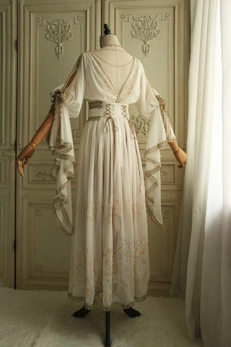Ivory Fantasy Goddess Dress with Embroidered Details - Fantasy Dress with Flowing Sleeves and Corset Plus Size - Image 11