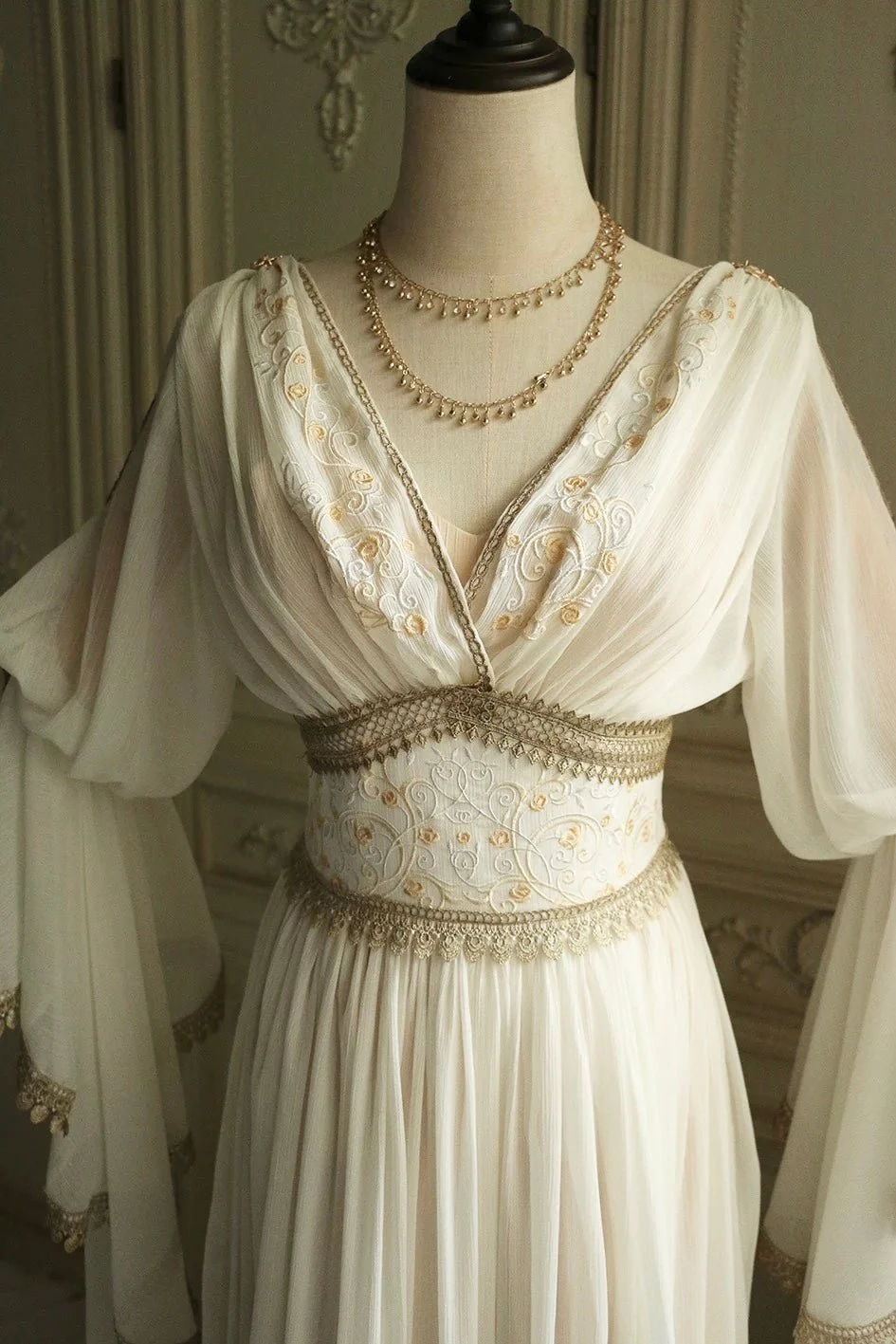 Ivory Fantasy Goddess Dress with Embroidered Details - Fantasy Dress with Flowing Sleeves and Corset Plus Size - Image 12