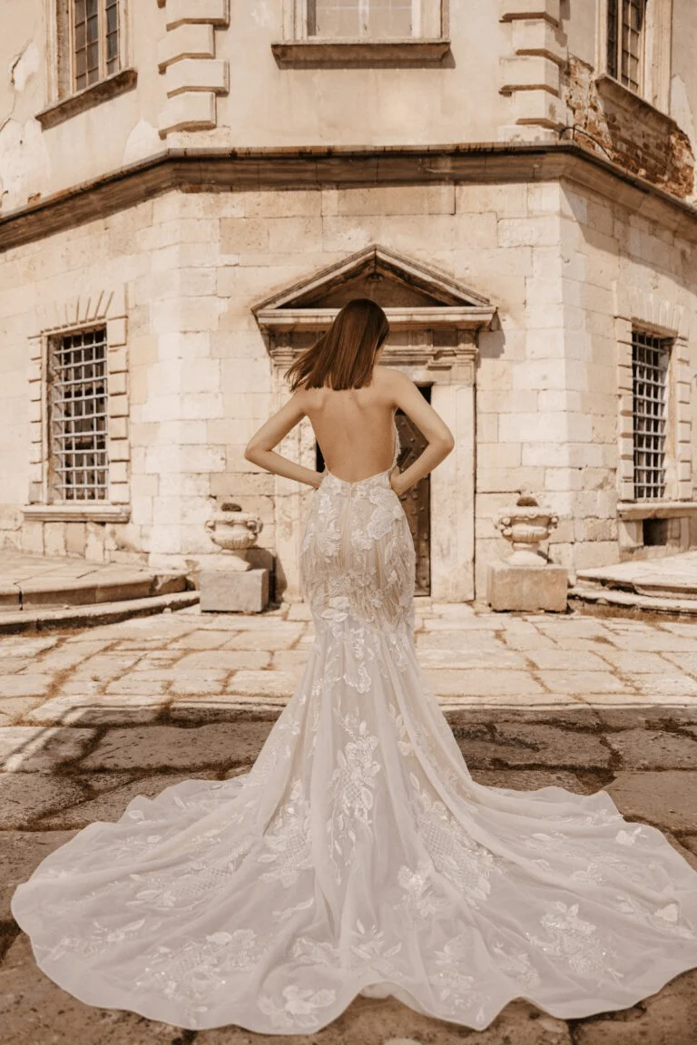 Ivory High Neck Halter Lace Wedding Dress - Open Back Mermaid Wedding Dress with Floral Embroidery Plus Size - LOONA - Image 2