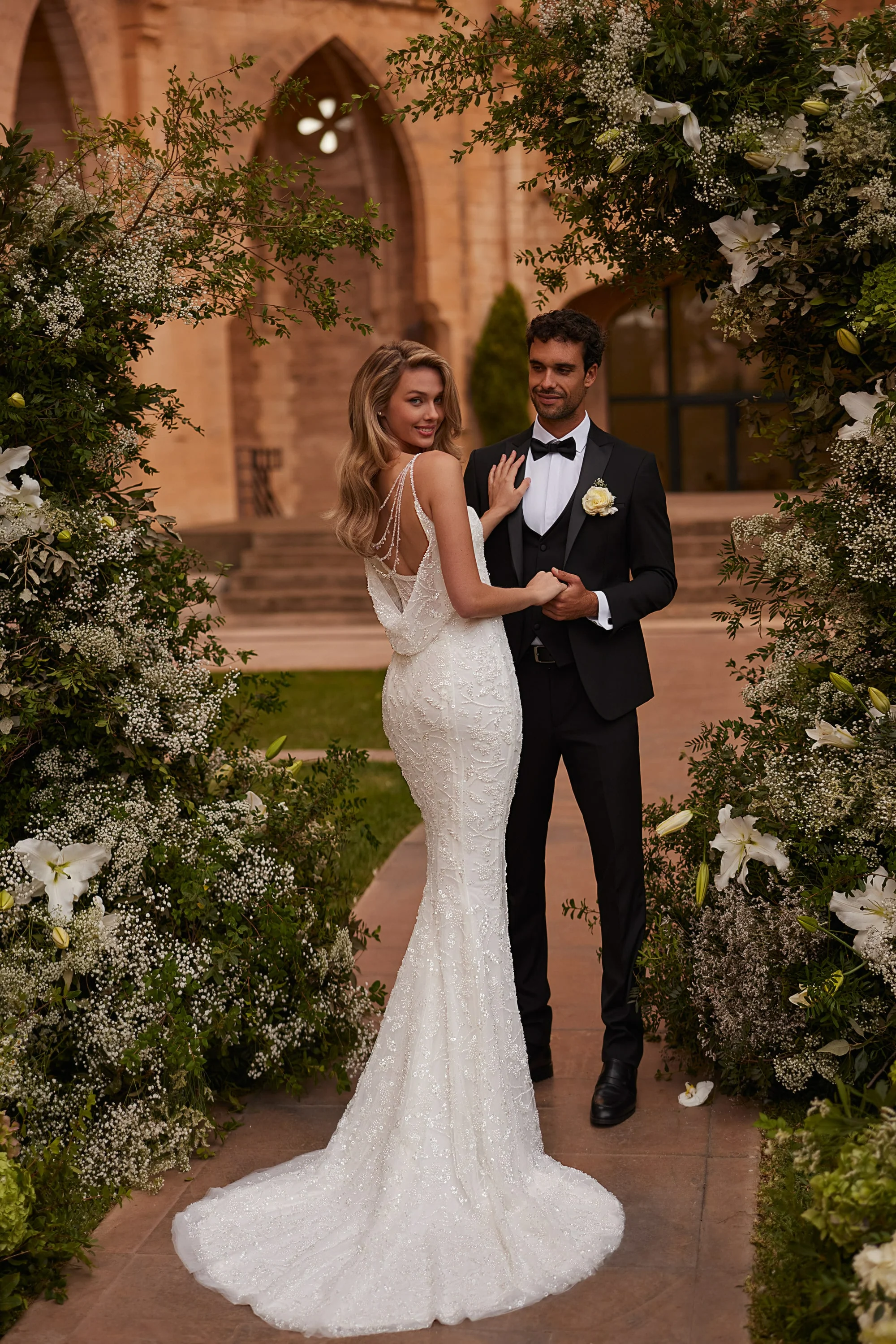 Ivory Mermaid Wedding Dress with Spaghetti Straps – Beaded Cowl Back Wedding Gown with Train Plus Size - Image 2