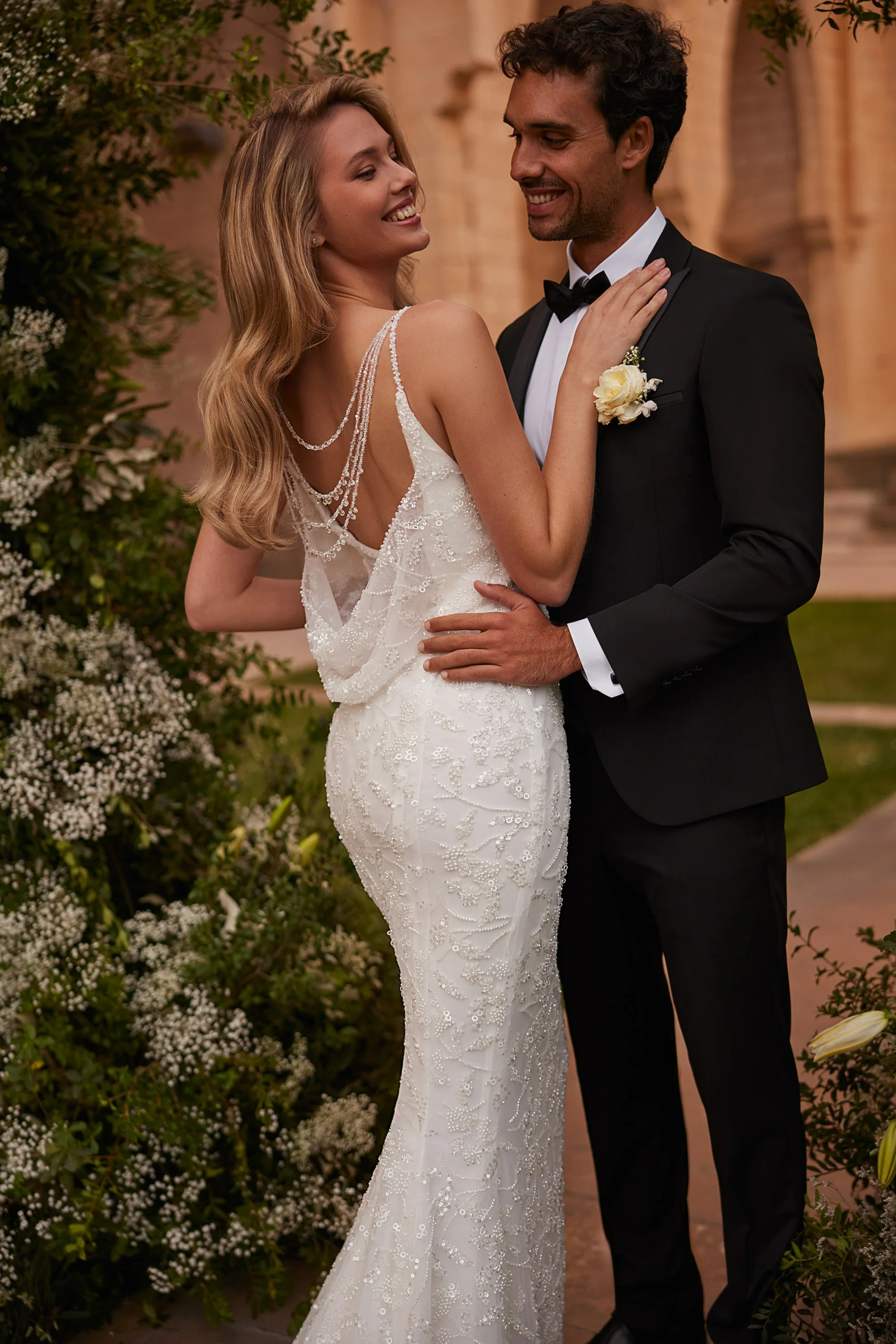 Ivory Mermaid Wedding Dress with Spaghetti Straps – Beaded Cowl Back Wedding Gown with Train Plus Size - Image 4
