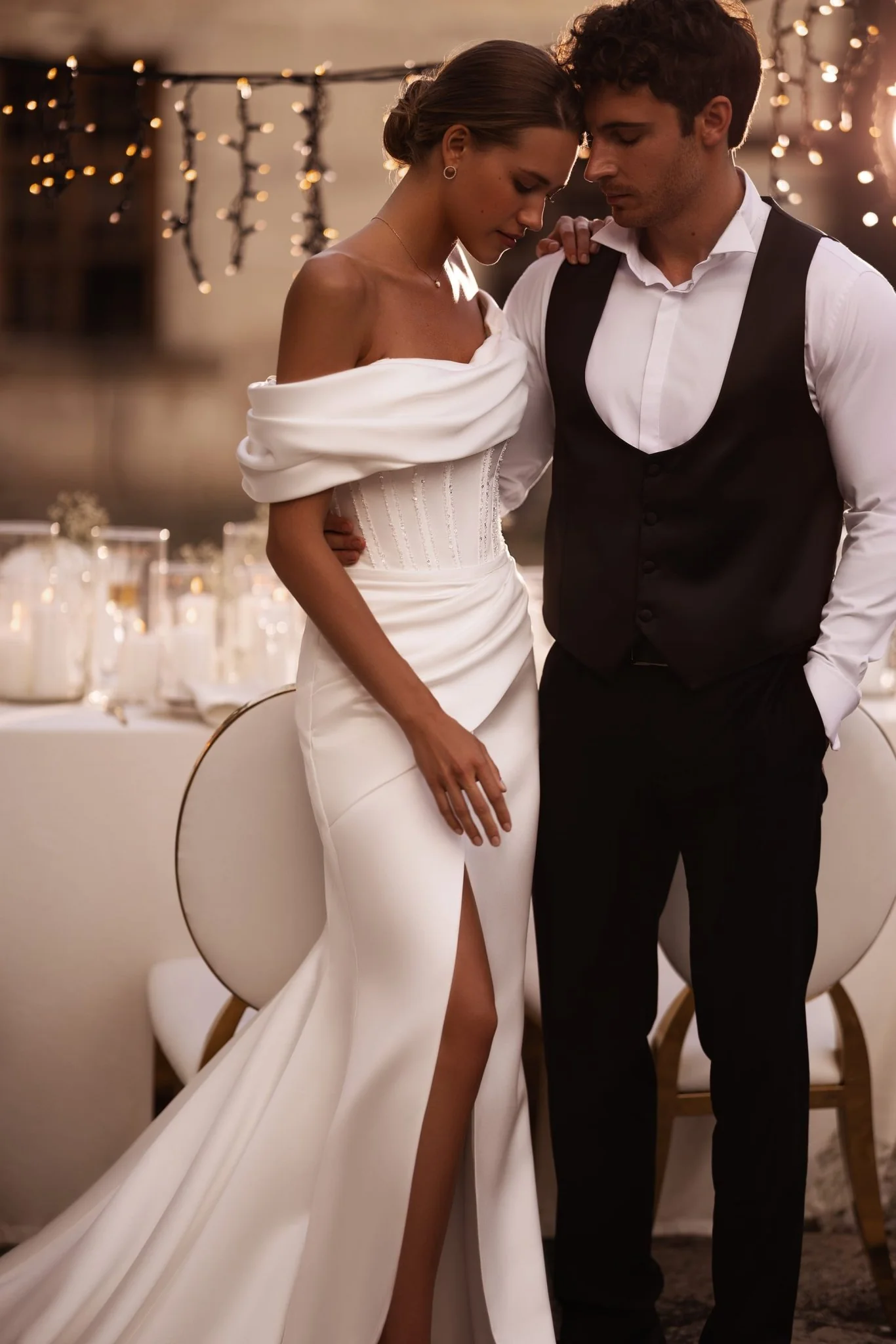 Ivory Off-Shoulder Satin Wedding Dress with Corset and High Slit Plus Size - Image 4