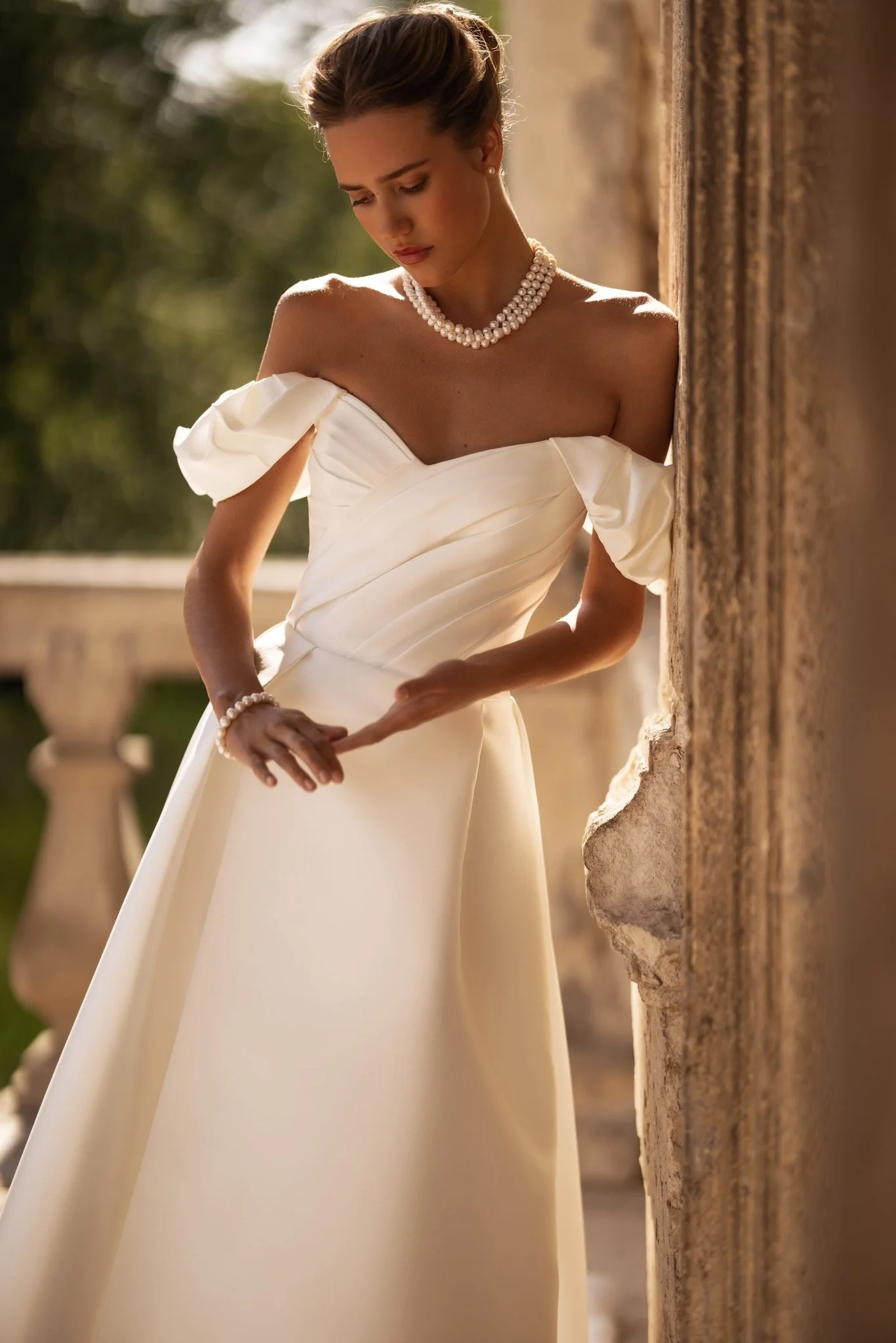 Ivory Off-Shoulder Wedding Dress with Draped Sleeves and Elegant Train Plus Size - Image 2