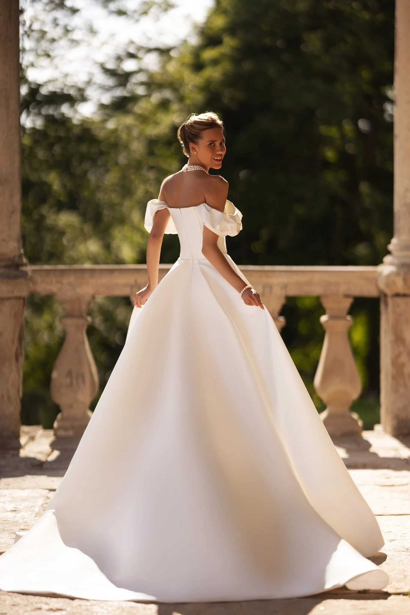 Ivory Off-Shoulder Wedding Dress with Draped Sleeves and Elegant Train Plus Size - Image 3