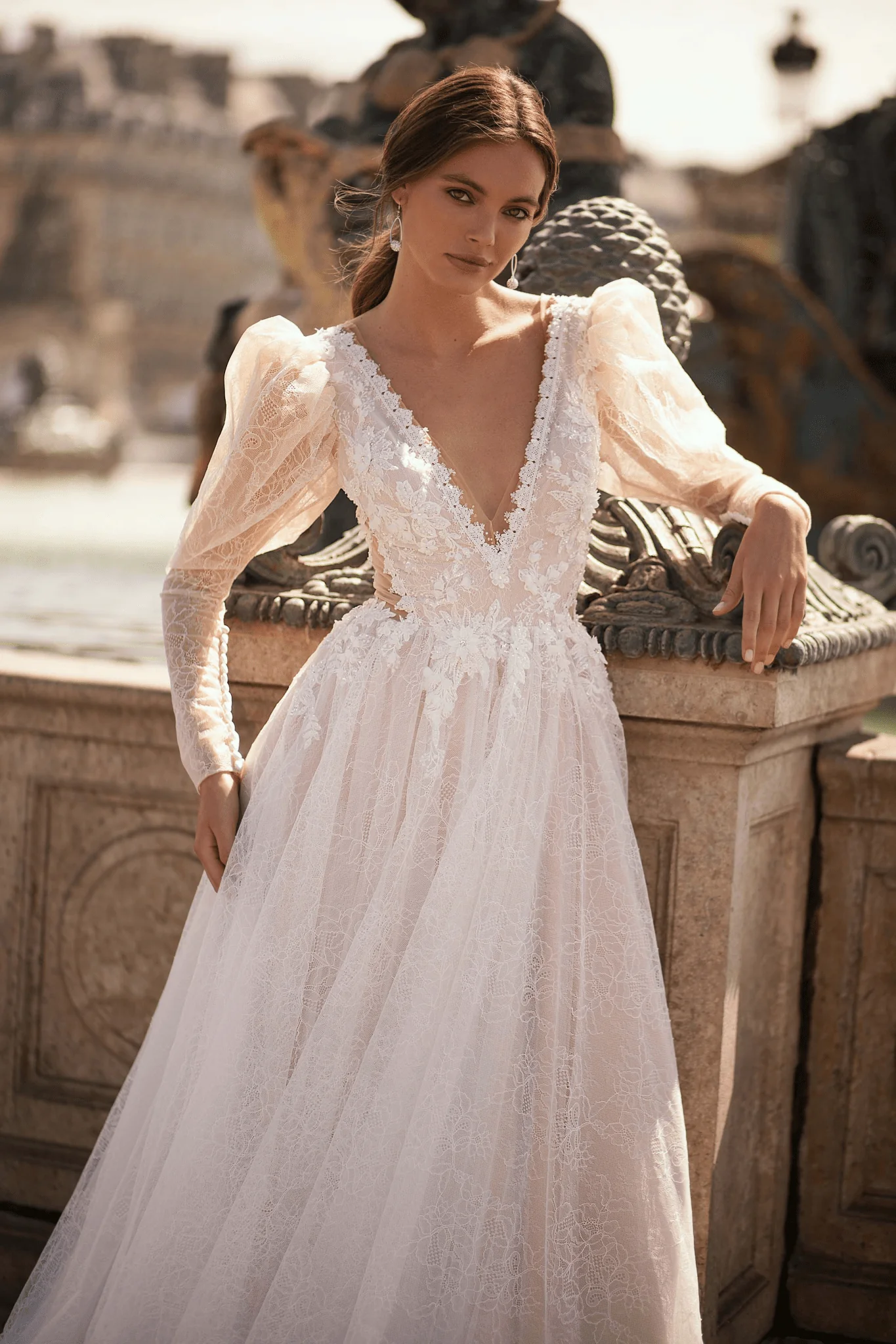 Ivory Romantic Lace Low Back Wedding Dress - Long Sleeve Wedding Dress with Corset and Flared Sleeves Plus Size - Image 3