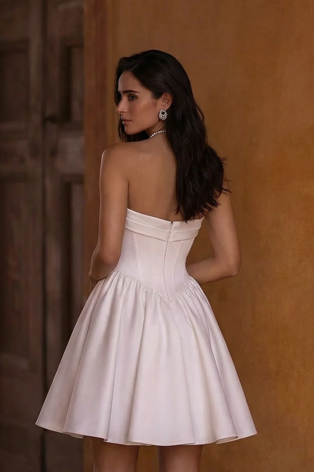 Ivory Short Bridal Wedding Dress with Corset Bodice – Strapless Wedding Dress with Pleated Skirt Plus Size - Image 3