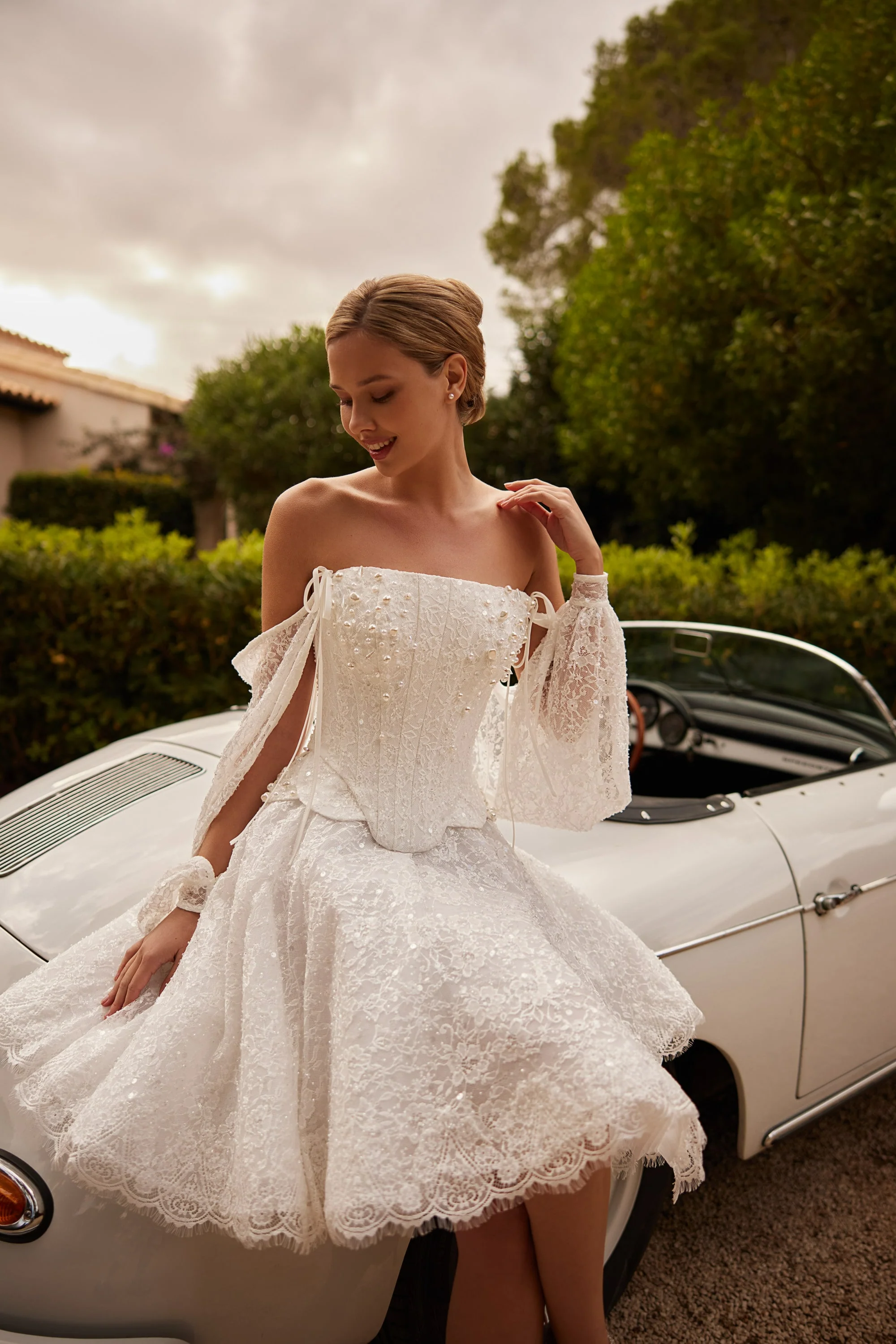 Ivory Tea Length Wedding Dress with Sleeves and Lace Corset – Sequin Wedding Dress with Convertible Sleeves Plus Size - Image 5