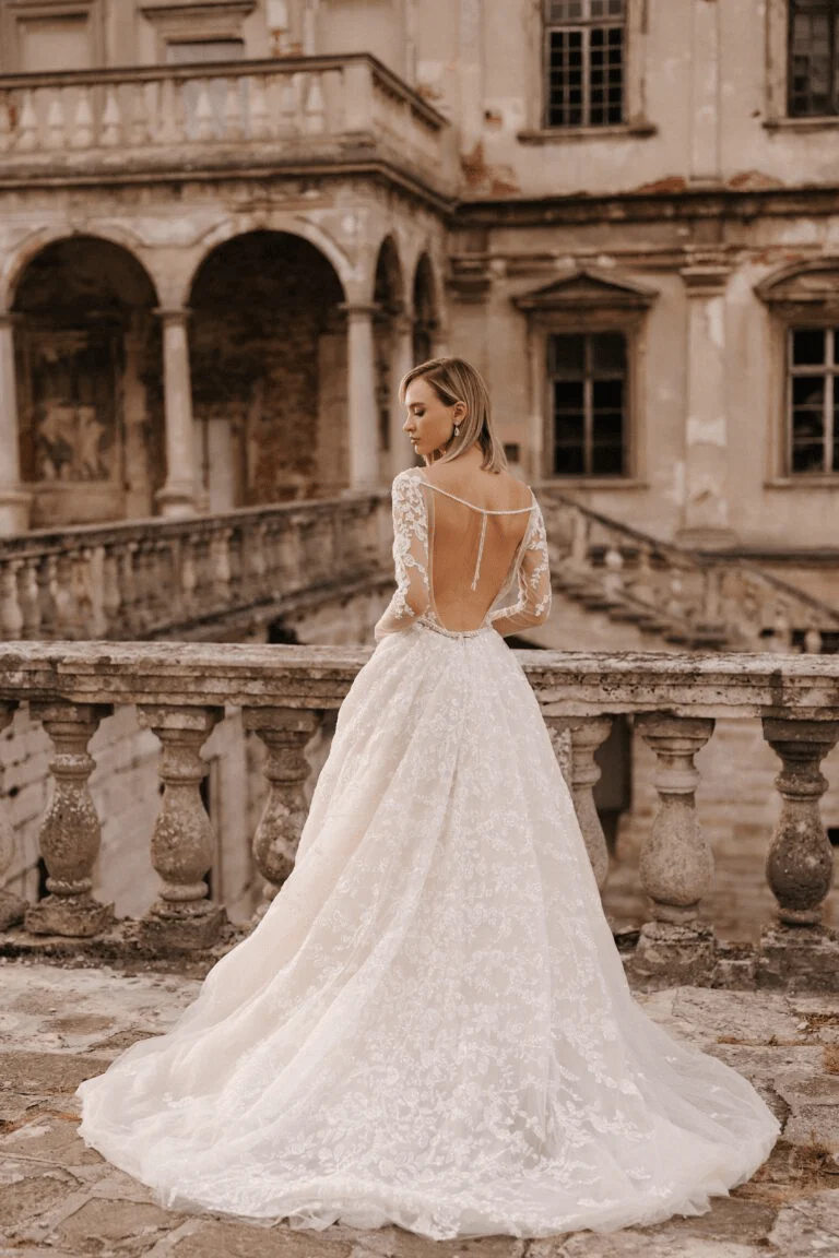 Ivory Tulle A-line Wedding Dress - Open Back Floral Lace Wedding Dress - Long Sleeve Wedding Gown Plus Size - MONACO - Image 2