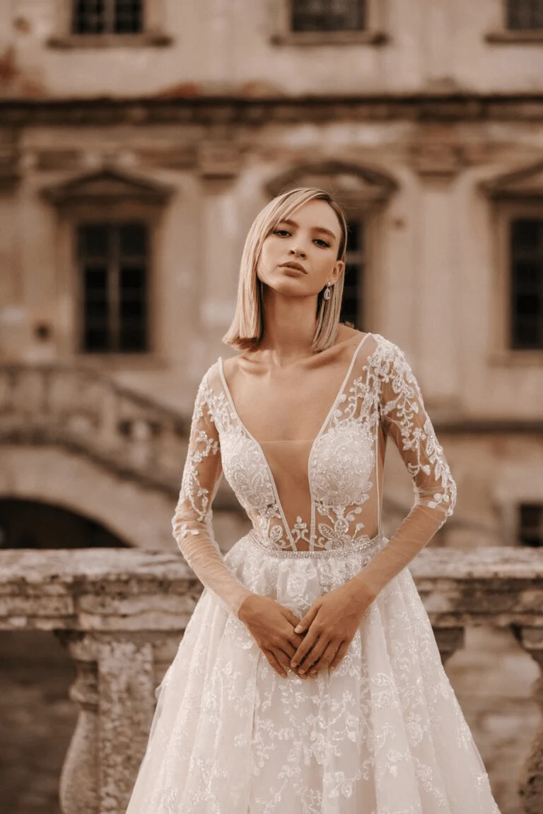 Ivory Tulle A-line Wedding Dress - Open Back Floral Lace Wedding Dress - Long Sleeve Wedding Gown Plus Size - MONACO - Image 4