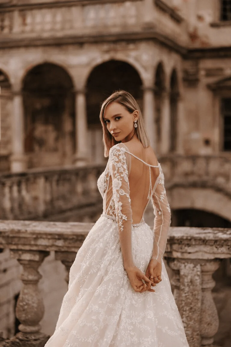Ivory Tulle A-line Wedding Dress - Open Back Floral Lace Wedding Dress - Long Sleeve Wedding Gown Plus Size - MONACO - Image 5