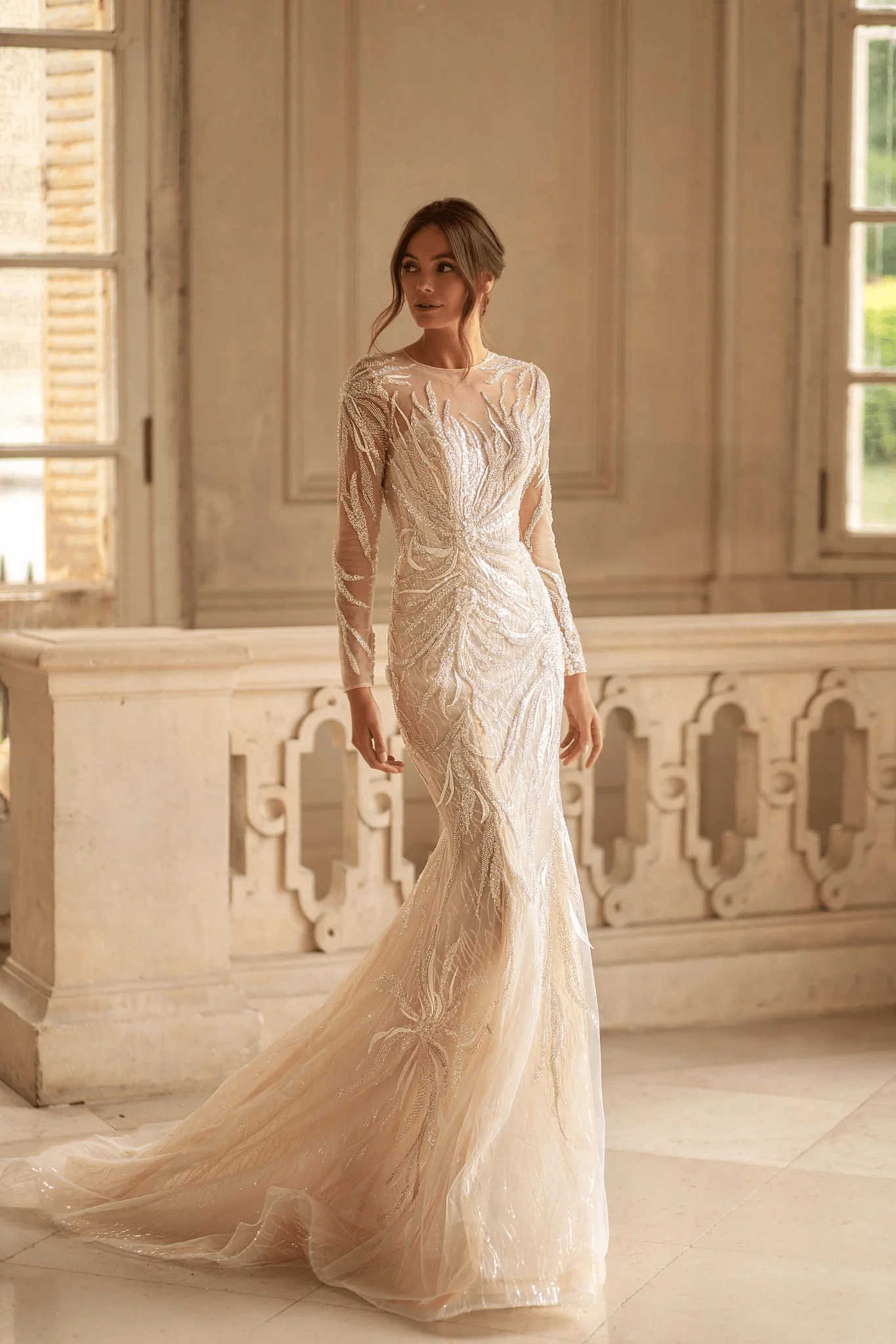 Ivory Tulle Mermaid Wedding Gown - Pretty Sequin Dress with Handmade Beaded - Modern Long Sleeve Wedding Dress Plus Size