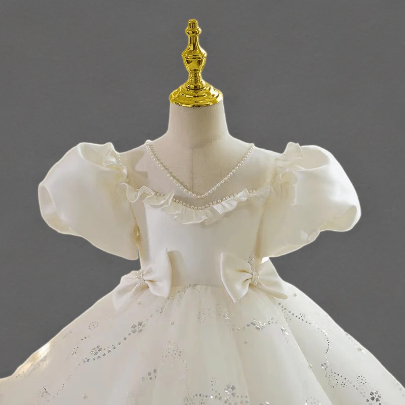 Ivory Tulle Off-Shoulder Flower Girl Dress for Wedding – Puff Sleeve Plus Size - Image 3