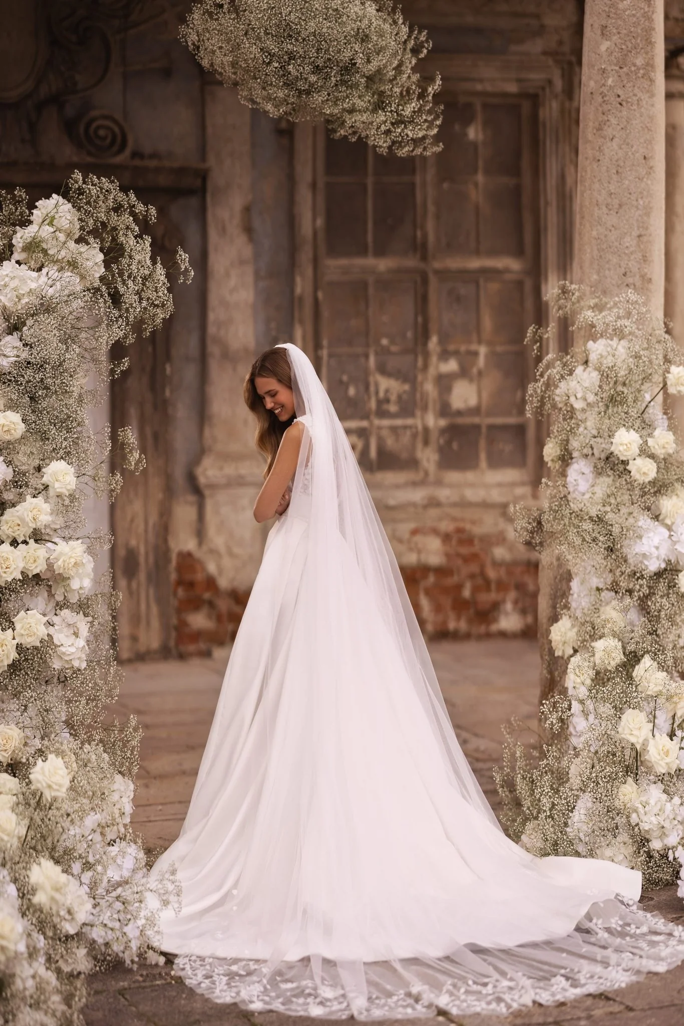 Ivory V-Neck Wedding Dress with High Slit and Draped Fabric Plus Size - Image 3