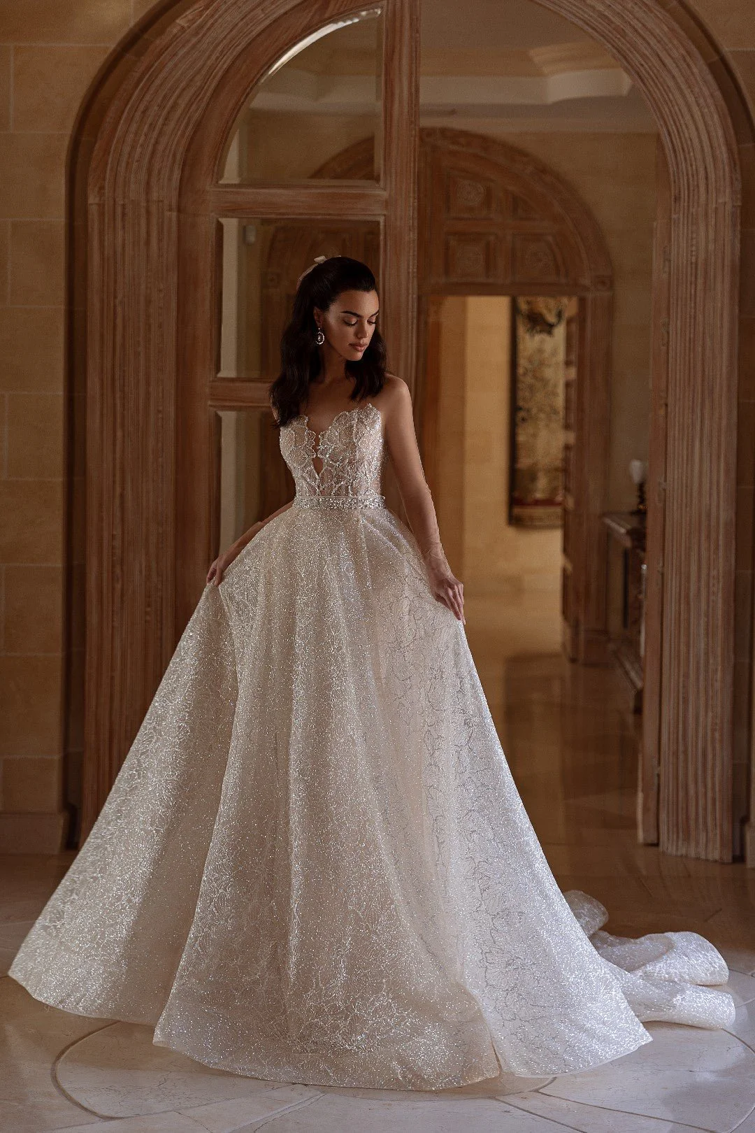 White Sheer Strapless Wedding Dress with Jeweled Pattern and Ribbon-Tied Lace Sleeves - Plus Size-Javiera - Image 3