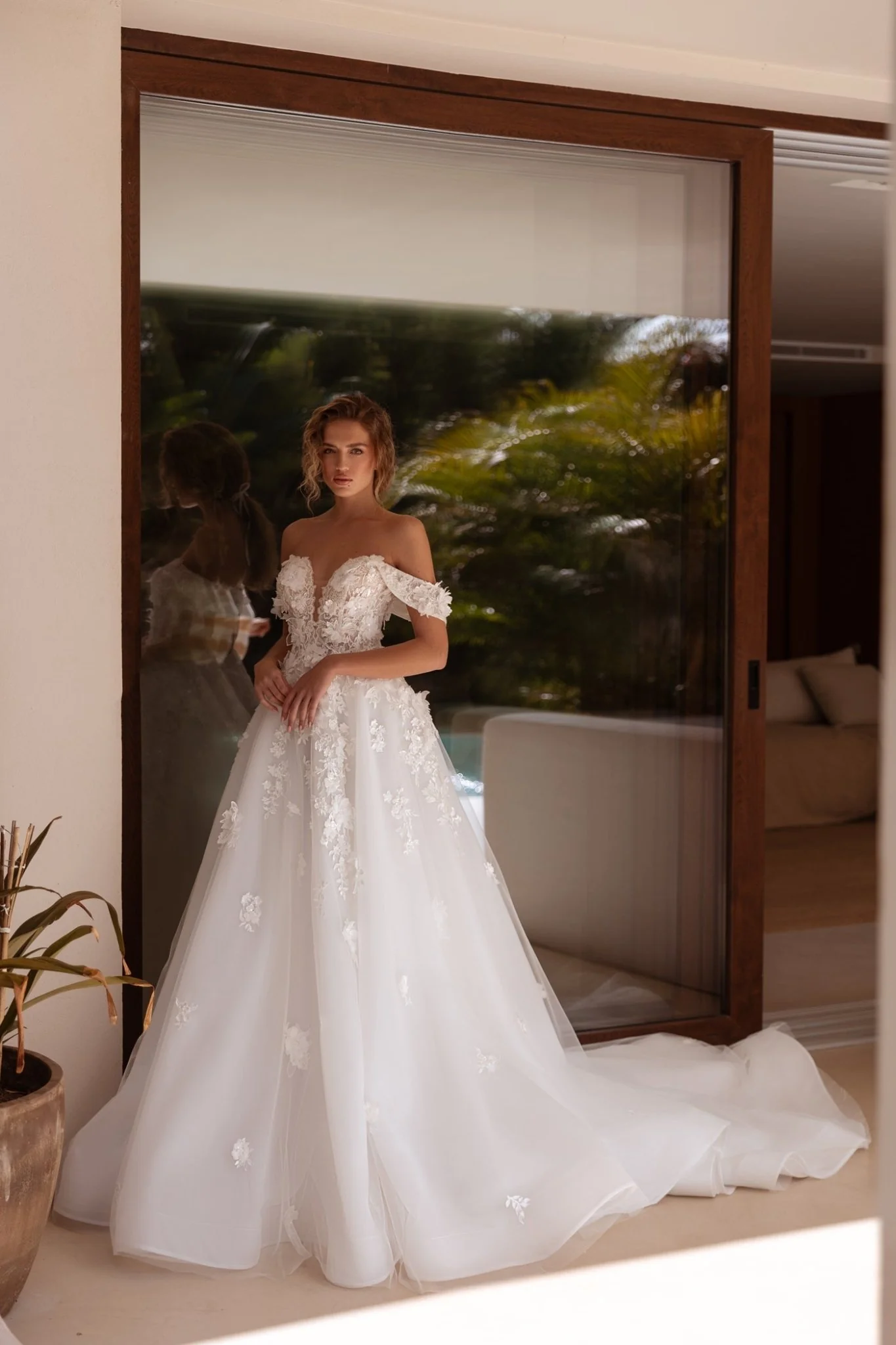 White Off-Shoulder Wedding Dress with Floral Appliqué, A-Line Silhouette, and Floor-Length Train - Plus Size-Kacey