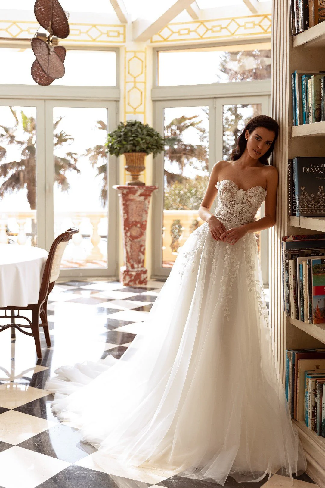White Strapless Ball Gown Wedding Dress with Floral Accents and Timeless Elegance - Plus Size-Kaya - Image 3