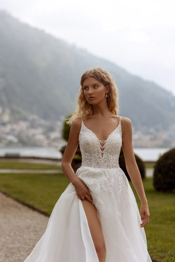 Lace Corset Back Wedding Dress - Floral Tulle Wedding Dress with High Slit - Sleeveless Ball Gown Wedding Dress Plus Size - Image 2