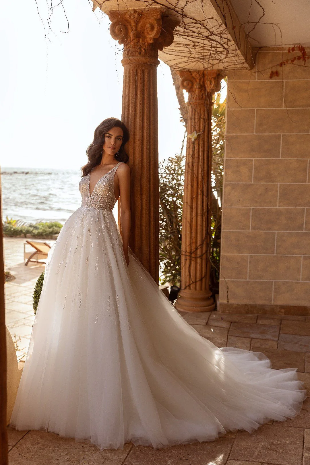 White V-Neck Wedding Dress with Jewel-Lined Straps and Long Train - Plus Size-Lauren