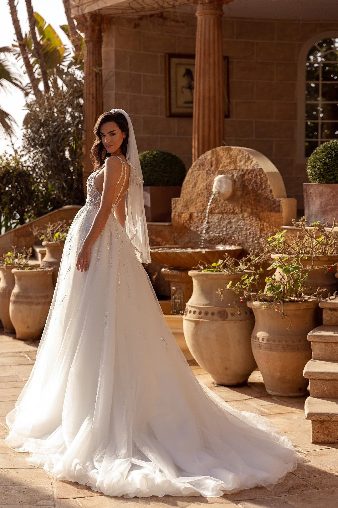 White V-Neck Wedding Dress with Jewel-Lined Straps and Long Train - Plus Size-Lauren - Image 4