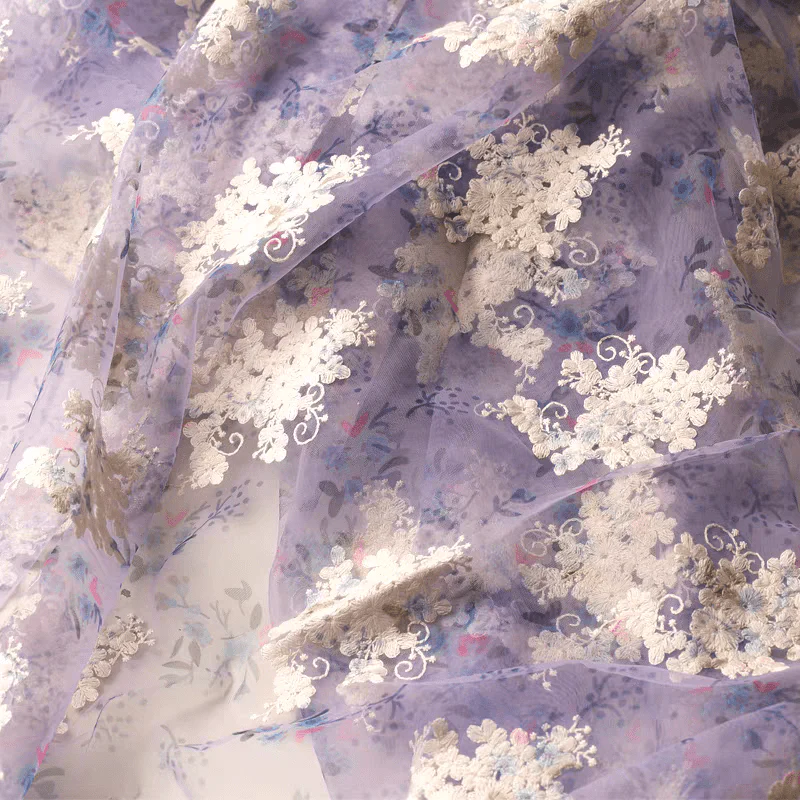Lavender Floral Embroidered Tulle Fabric