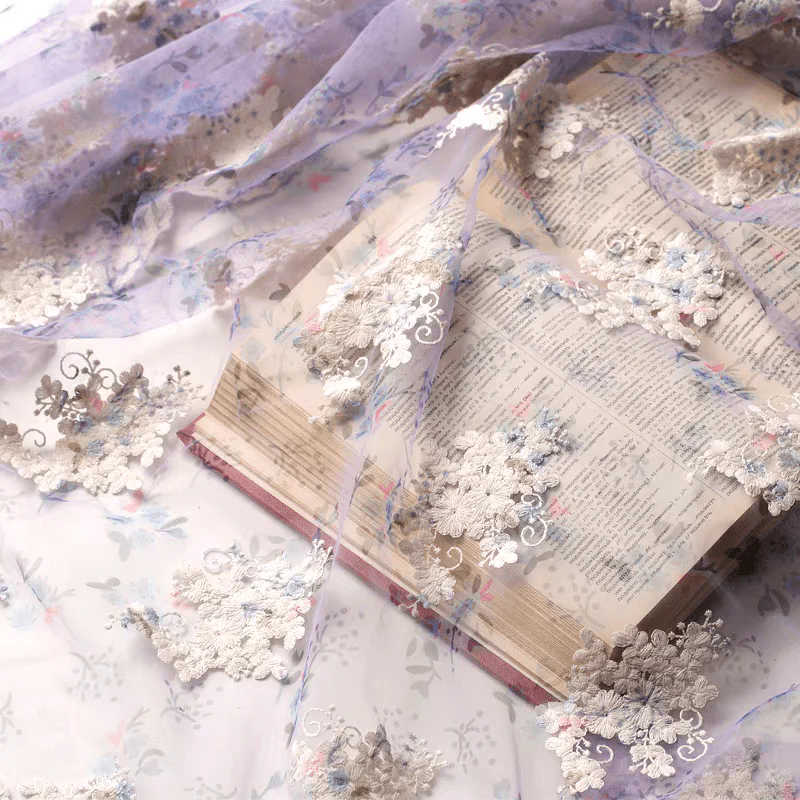 Lavender Floral Embroidered Tulle Fabric - Image 3