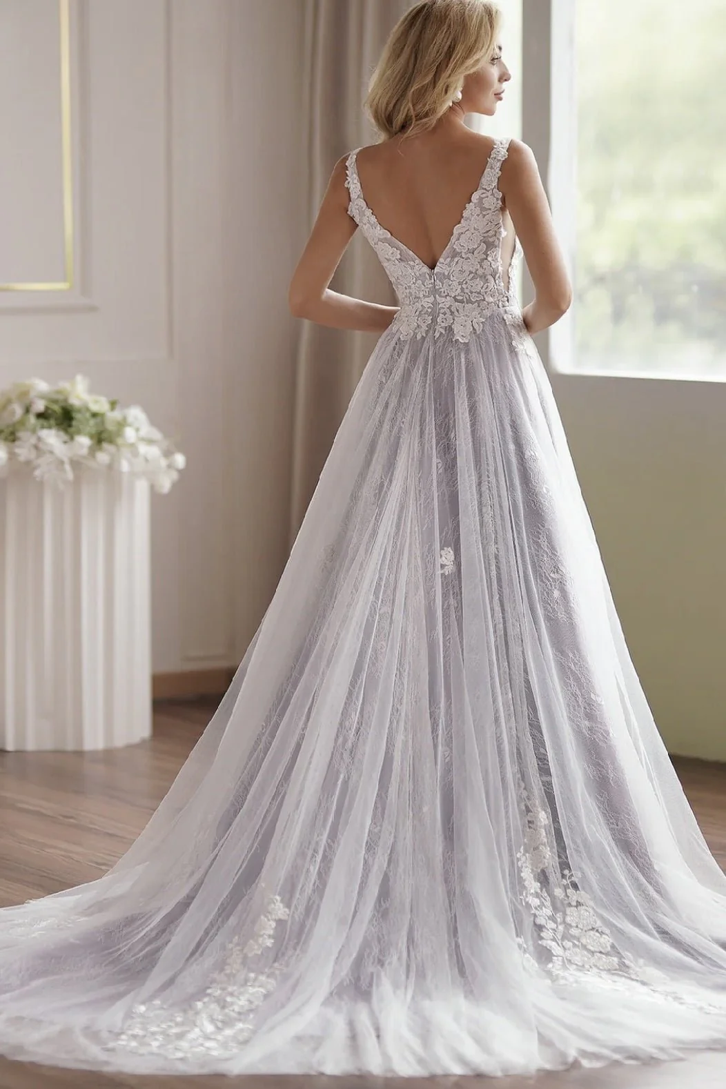 Lavender Plunging-V Beaded Straps Lace Embroidery Wedding Dress - Plus Size - Image 3