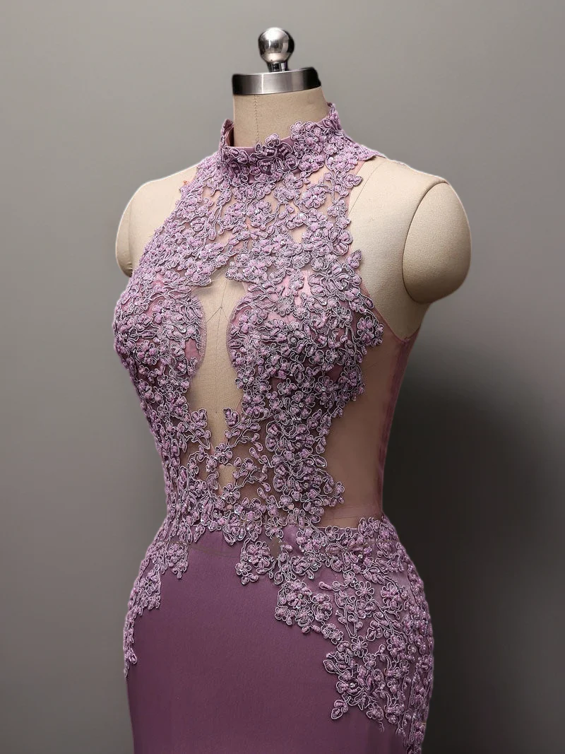 Lavender Purple Lace Mermaid Gothic Wedding Dress - High Neck Halter Lace Wedding Dress with Open Back Plus Size - Image 3