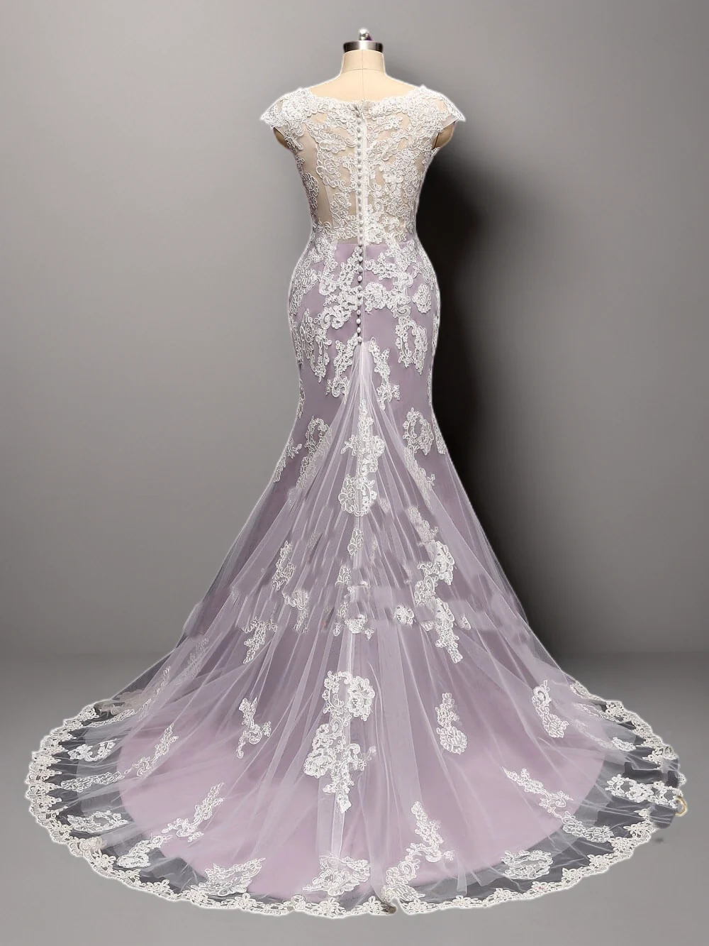 Lavender Purple Lace Tulle Mermaid Wedding Gown with Cap Sleeves - Illusion Neckline Bridal Gown with Tulle Train Plus Size - Image 4