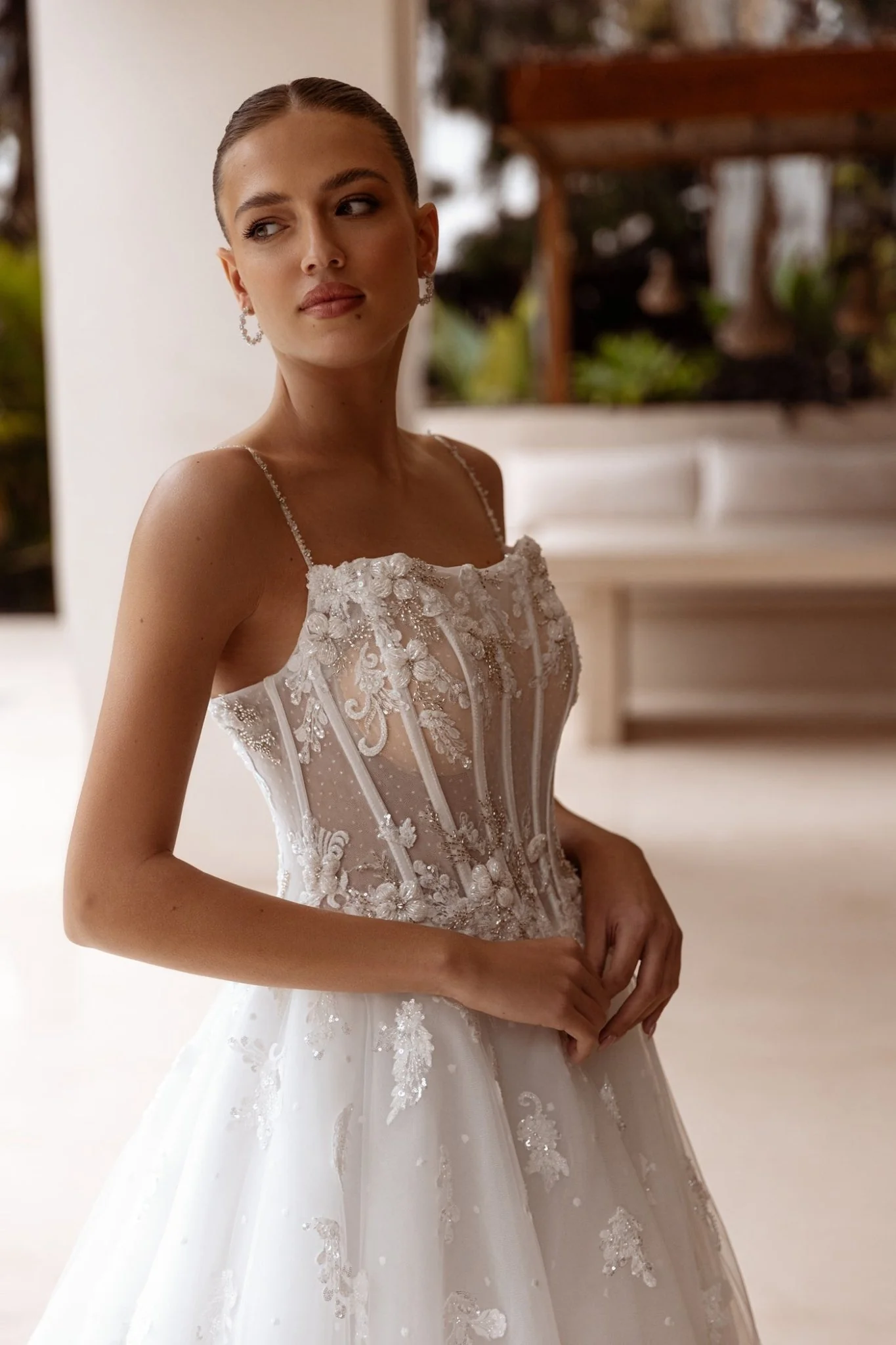 White Sheer Corset Ball Gown Wedding Dress with Floral Lace Bodice - Plus Size-Lenni
