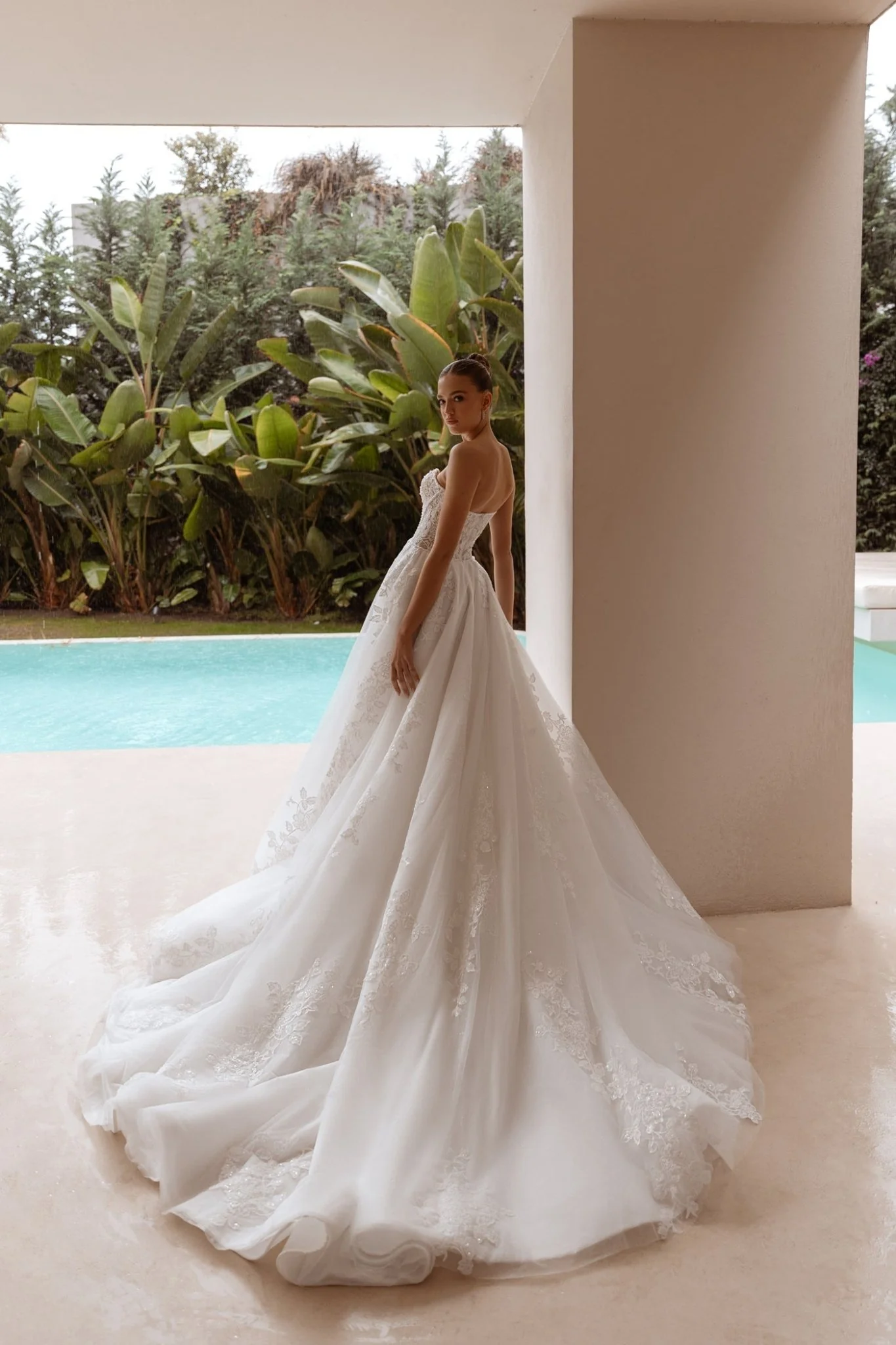 White Sheer Corset Ball Gown Wedding Dress with Floral Lace Bodice - Plus Size-Lenni - Image 4